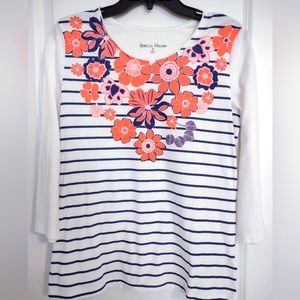 Beautiful Blue Striped White Blouse with Orange & Blue Flowers with sleeves.